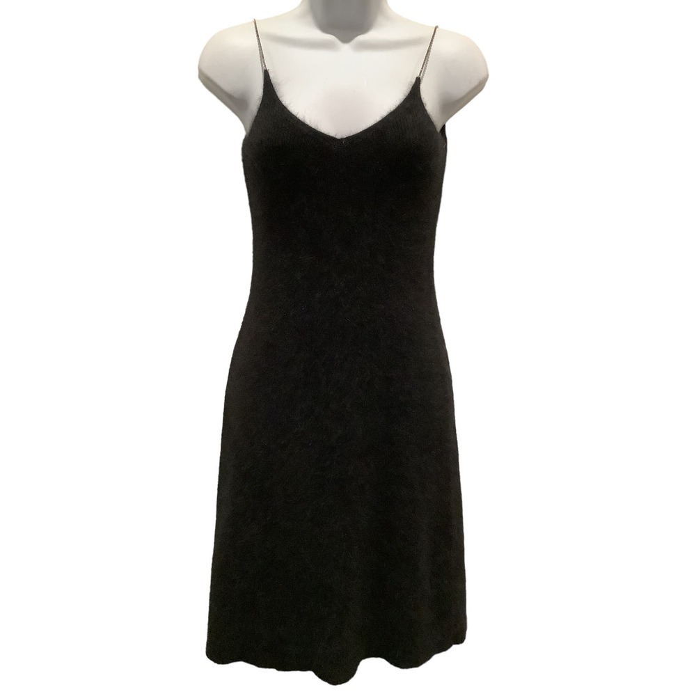 RALPH LAUREN RARE VINTAGE BLUE LABEL BLACK  ANGORA DRESS /RHINESTONE STRAPS XS